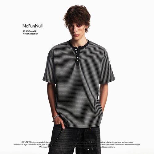 NOFUNNULL美式松弛感条纹短袖T恤