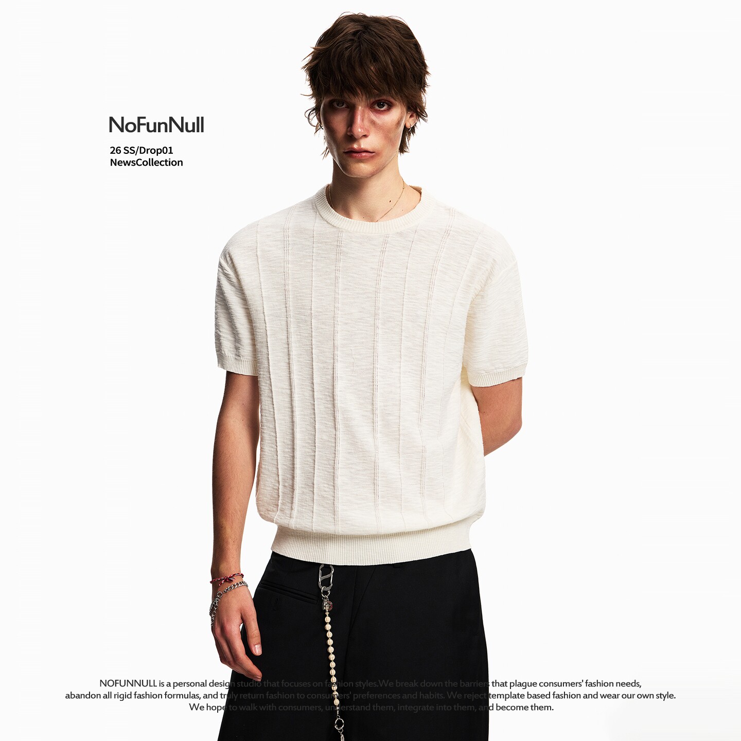 NOFUNNULL美式竖条纹肌理感纯色短袖T恤男夏季宽松圆领亚麻上衣女