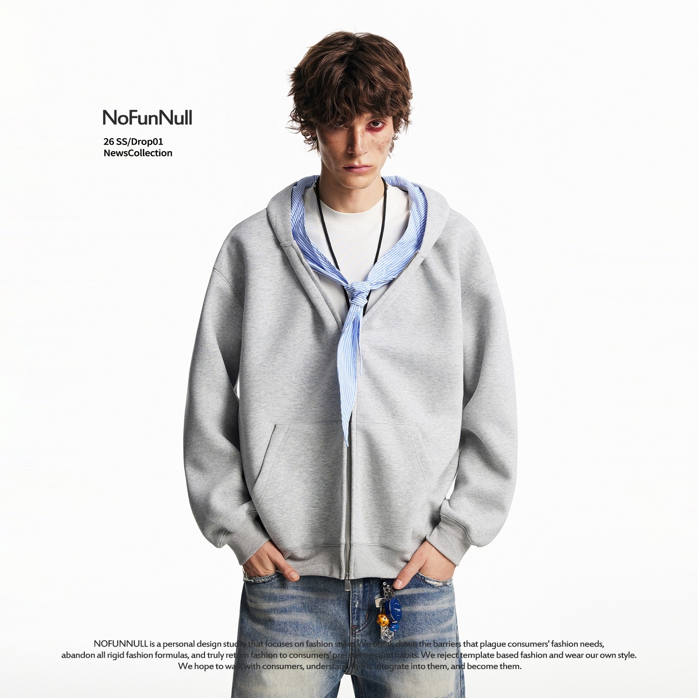 NOFUNNULL 美式重磅条纹绑带拼接卫衣春季男女设计感开衫连帽外套,男装,卫衣,淘宝优惠券,粉丝福利购,淘宝优惠卷