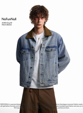 NOFUNNULL 美式拼色麂皮绒翻领水洗牛仔外套男拼接结构设计感夹克
