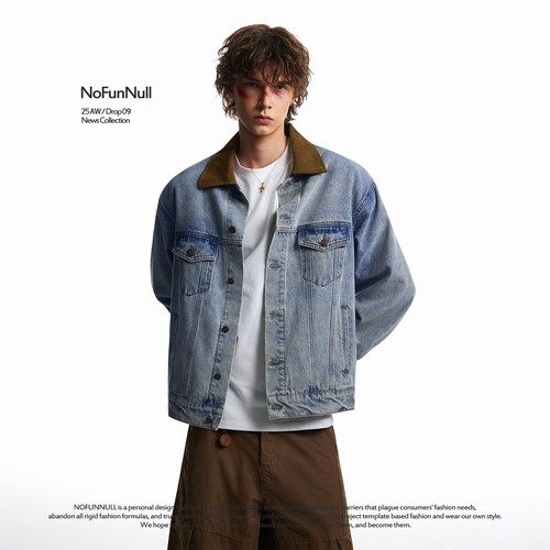NOFUNNULL拼色翻领水洗牛仔外套