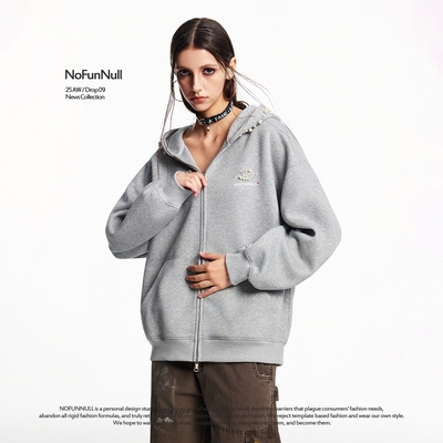 NOFUNNULL珍珠钉珠连帽开衫卫衣