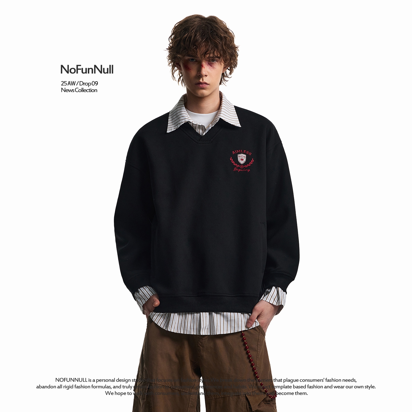 NOFUNNULL假两件刺绣拼接卫衣潮