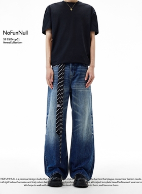 NOFUNNULL2021M美式水洗做旧猫须蓝色牛仔裤男宽松微喇休闲长裤女