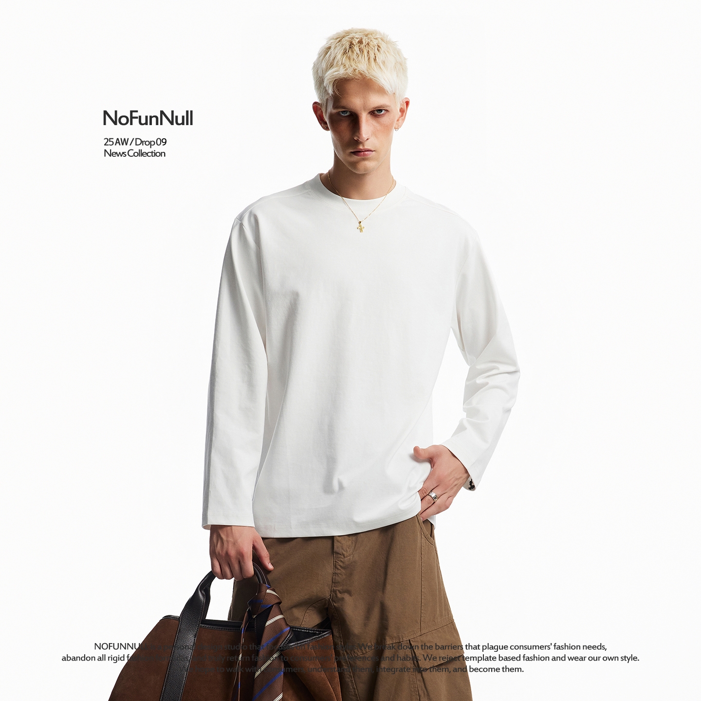 NOFUNNULL240g重磅纯色圆领长袖T