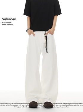 NOFUNNULL 美式复古压皱猫须白色纯棉牛仔裤男春季高街直筒长裤潮