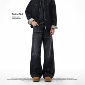 NOFUNNULL美式 潮 男女高街微喇长裤 Vintage立体猫须黑灰牛仔裤 春季