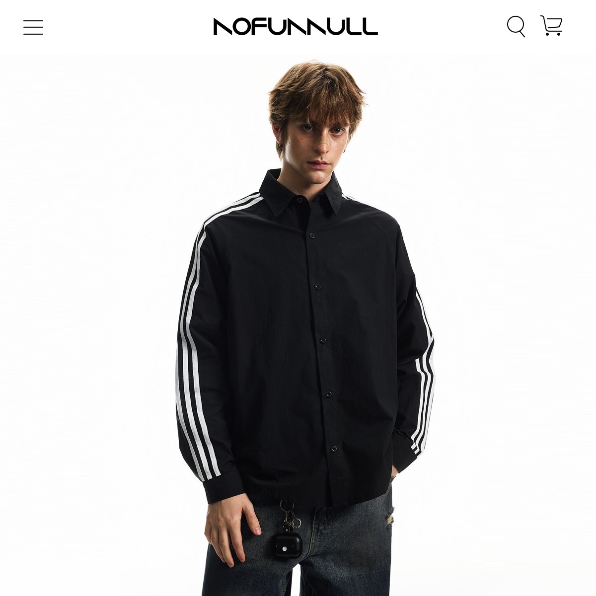 NOFUNNULL 美式休闲运动风衬衫男宽松翻领三条杠长袖衬衣情侣外套,男装,衬衫,淘宝优惠券,粉丝福利购,淘宝优惠卷