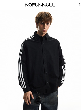 NOFUNNULL 美式休闲运动风衬衫男宽松翻领三条杠长袖衬衣情侣外套