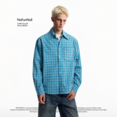 美式 复古蓝色格纹纯棉长袖 衬衫 NOFUNNULL 男女秋季 高级感衬衣外套