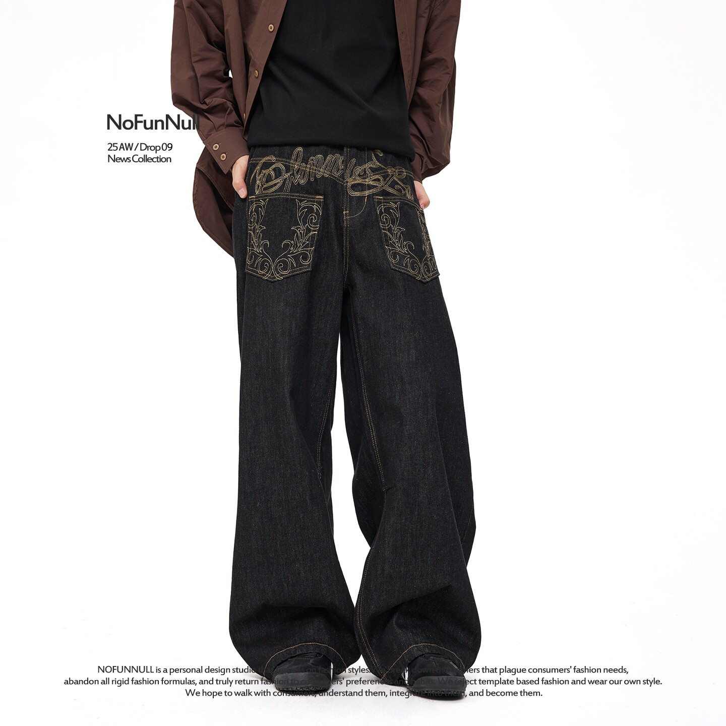 NOFUNNULL 美式高街设计感垂坠弯刀裤男女秋季反穿绣花刺绣牛仔裤,男装,牛仔裤,淘宝优惠券,粉丝福利购,淘宝优惠卷