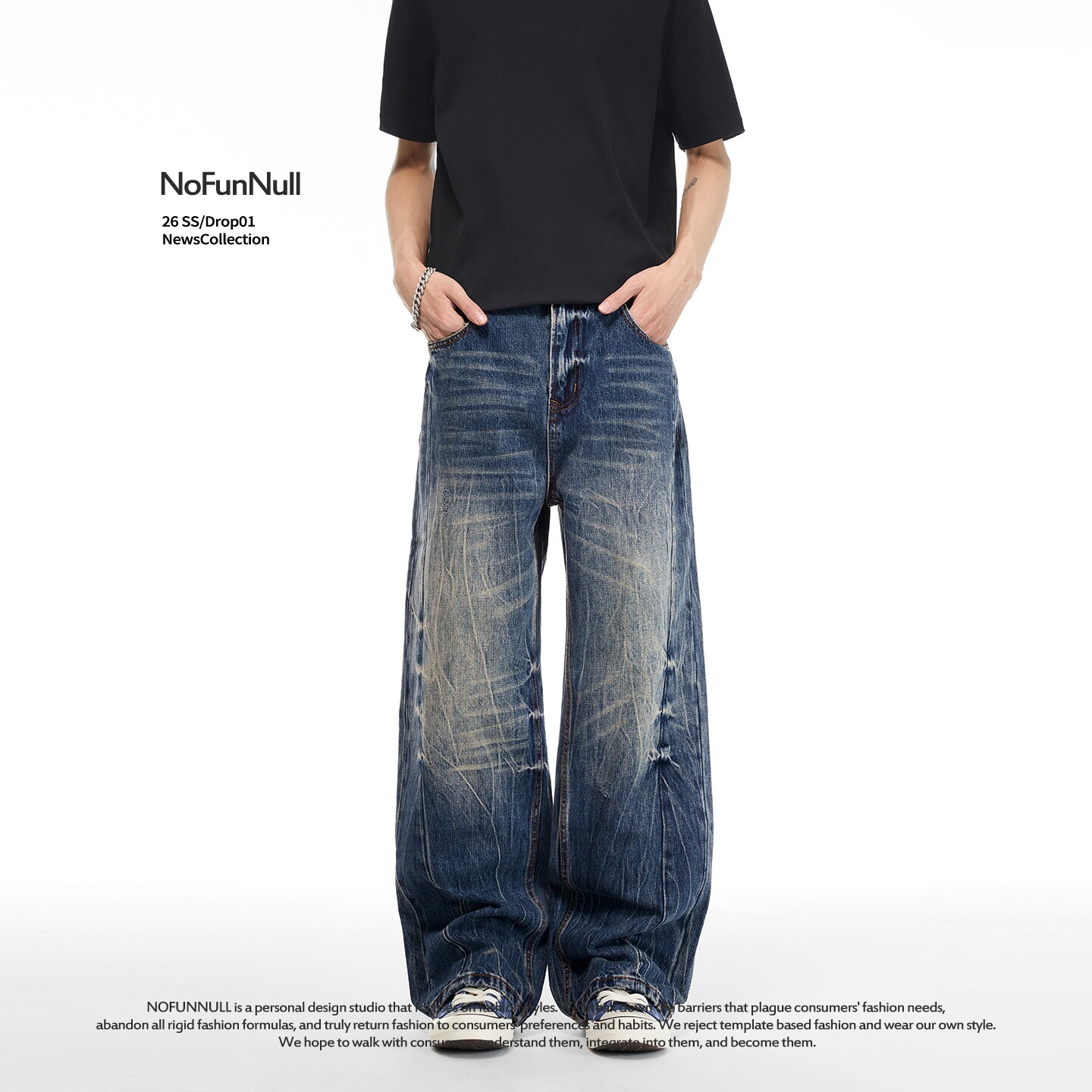 NOFUNNULL 美式深蓝闪电裂纹牛仔裤男女重水洗复古宽松直筒长裤潮