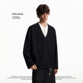 T恤男春季 NOFUNNULL 老钱风假两件索罗娜华夫格长袖 高级感V领上衣