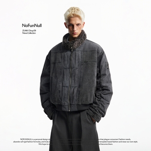 NOFUNNULL 夹克男女秋冬加绒加厚棉衣外套 设计感结构毛绒立领工装