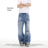 NOFUNNULL美式 潮 高街宽松微喇长裤 vintage破洞水洗牛仔裤 男女春季