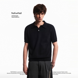 夏季 男透气慵懒休闲风翻领上衣 纯棉宽松镂空设计针织衫 NOFUNNULL