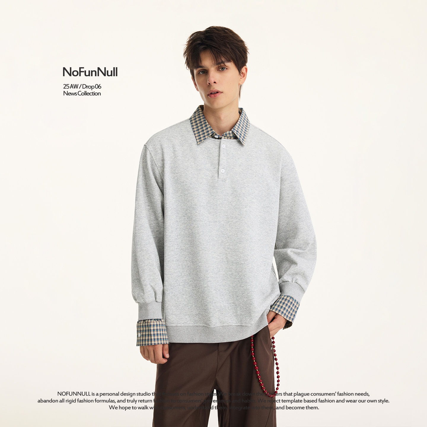 NOFUNNULL假两件格纹衬衫领卫衣