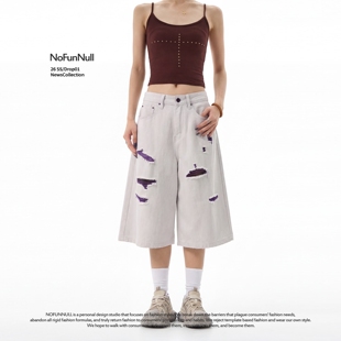 做旧磨破水洗七分裤 NOFUNNULL 男女季 街头斜纹紫纱破洞牛仔裤 美式