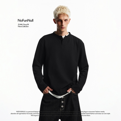 NOFUNNULL假两件亨利领长袖t恤潮
