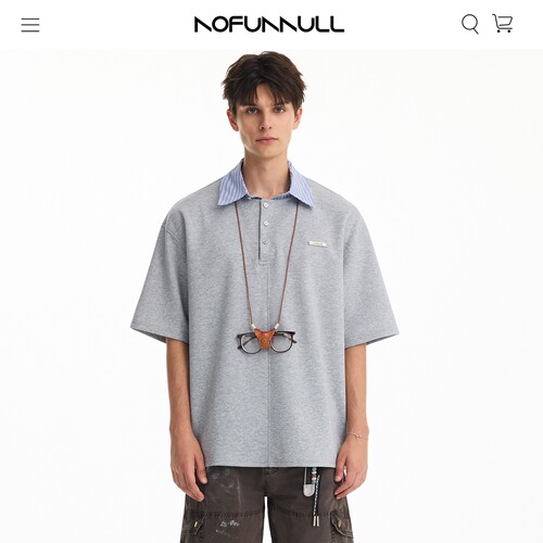 NOFUNNULL 夏季假两件条纹衬衫领polo衫男女美式cleanfit短袖上衣