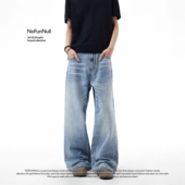 美式 复古浅蓝色水洗牛仔裤 春季 NOFUNNULL 男女宽松直筒阔腿长裤 潮