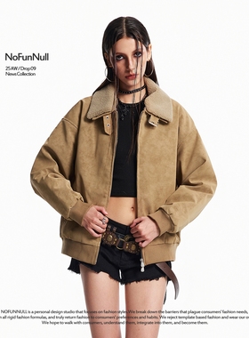 NOFUNNULL 可拆卸羊羔绒翻领夹克男女冬季保暖美式复古PU棉衣外套