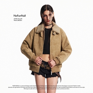 复古PU棉衣外套 保暖美式 NOFUNNULL 可拆卸羊羔绒翻领夹克男女冬季