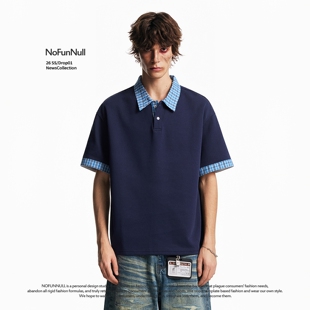 翻领套头短袖 男女夏季 T恤 休闲撞色格子假两件POLO衫 NOFUNNULL美式