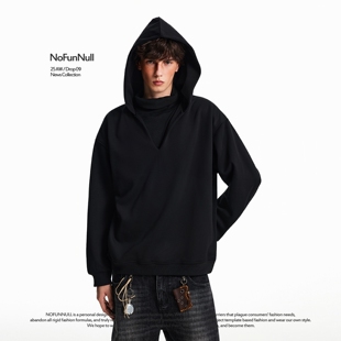 NOFUNNULL美式深V领假两件连帽卫衣男女秋cleanfit宽松极简风外套