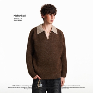 NOFUNNULL假两件双V领套头毛衣秋冬男羊毛混纺简约老钱风针织衫女