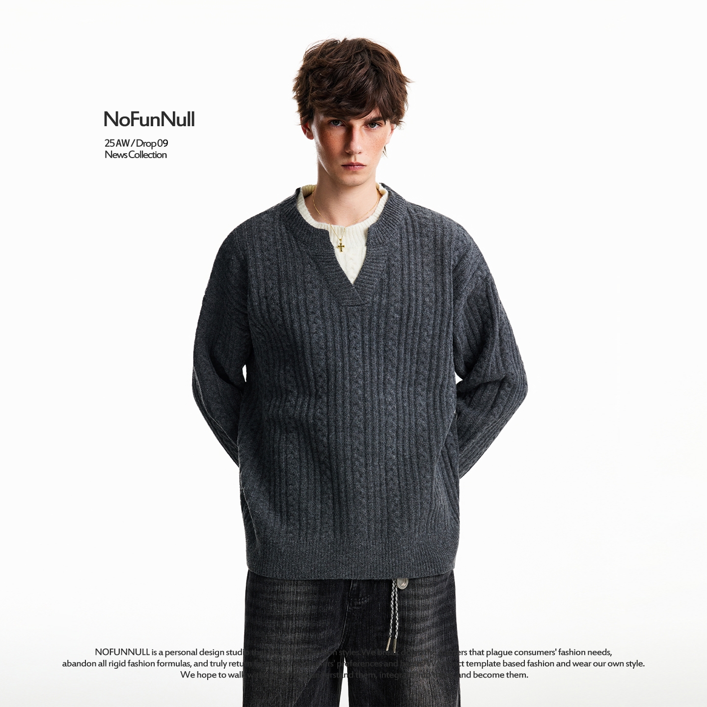 NOFUNNULL小v领假两件套头毛衣秋冬男纯色羊毛混纺Cleanfit针织衫