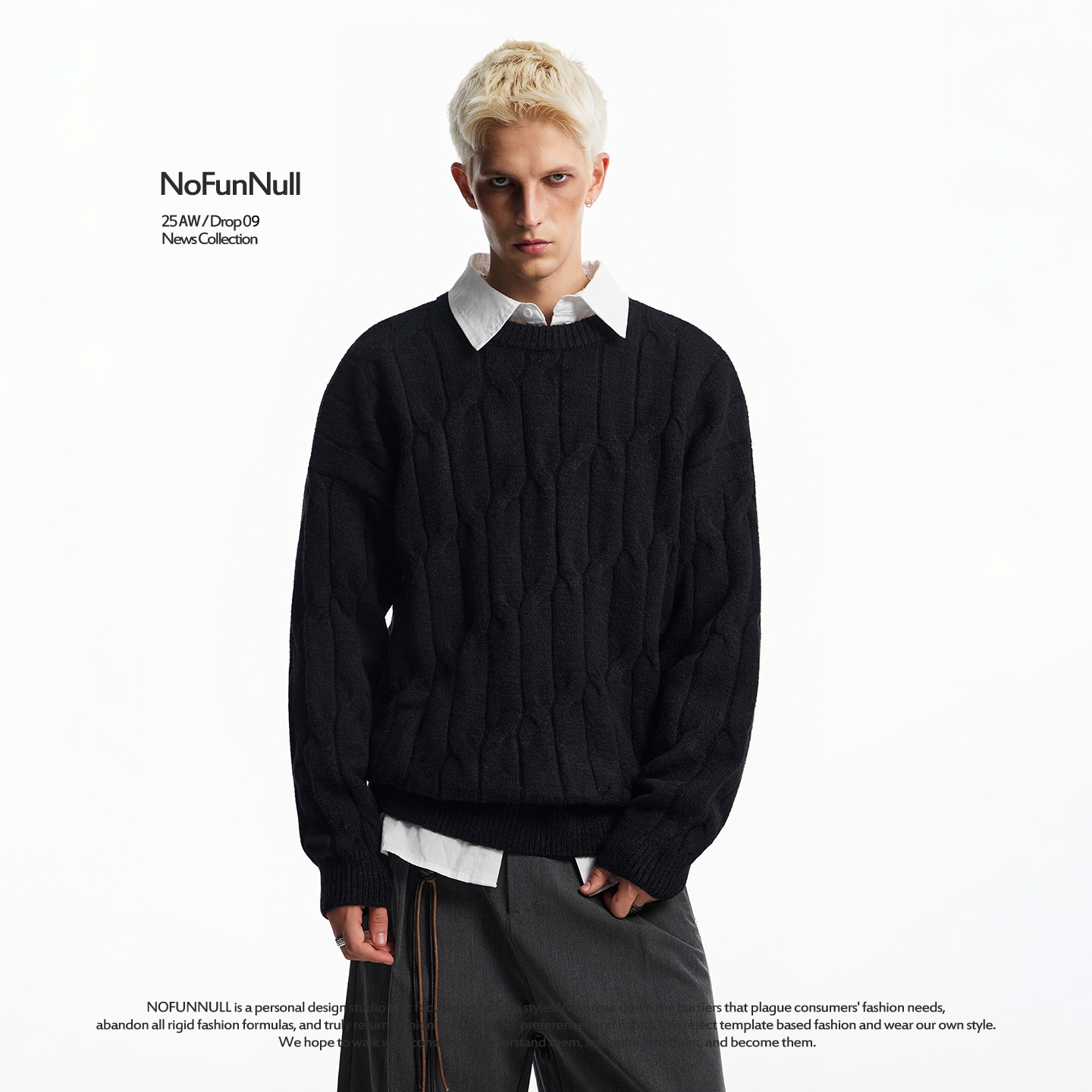 NOFUNNULL 美式复古麻花纹圆领针织毛衣男秋冬慵懒宽松休闲套头衫