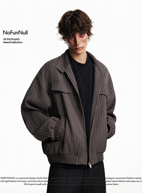 NOFUNNULL 美式复古老钱风竖条纹翻领夹克春季男休闲宽松阔感外套