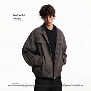 复古老钱风竖条纹翻领夹克春季 男休闲宽松阔感外套 美式 NOFUNNULL