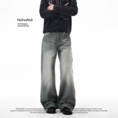 NOFUNNULL美式 男水洗宽松直筒A字阔腿长裤 高街猫须做旧牛仔裤 春季