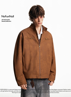 NOFUNNULL 美式复古哈灵顿立领PU夹克男春季解构廓形巴恩风外套潮