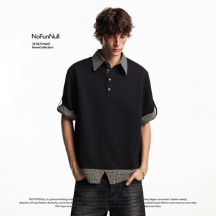 NOFUNNULL假两件设计感格纹拼接短袖 夏季 男女美式 高街T恤潮 POLO衫