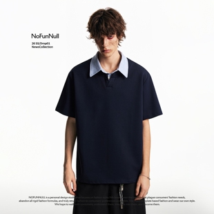NOFUNNULL美式 T恤男女春夏假两件高质上衣潮 条纹撞色翻领拼接短袖