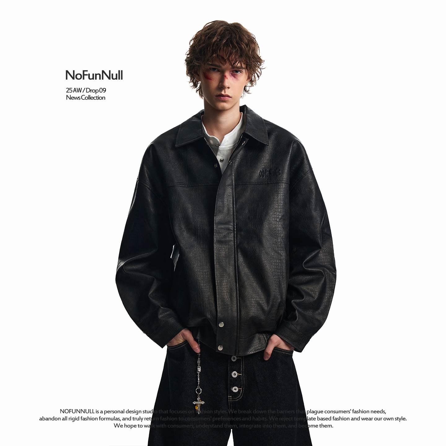 NOFUNNULL美式刺绣PU皮衣外套潮