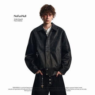 复古街头痞帅机车外套 潮牌vibe刺绣PU皮夹克男秋季 NOFUNNULL 美式