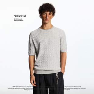 男女夏宽松休闲打底衫 NOFUNNULL 美式 莱赛尔麻花纹圆领针织衫 短袖