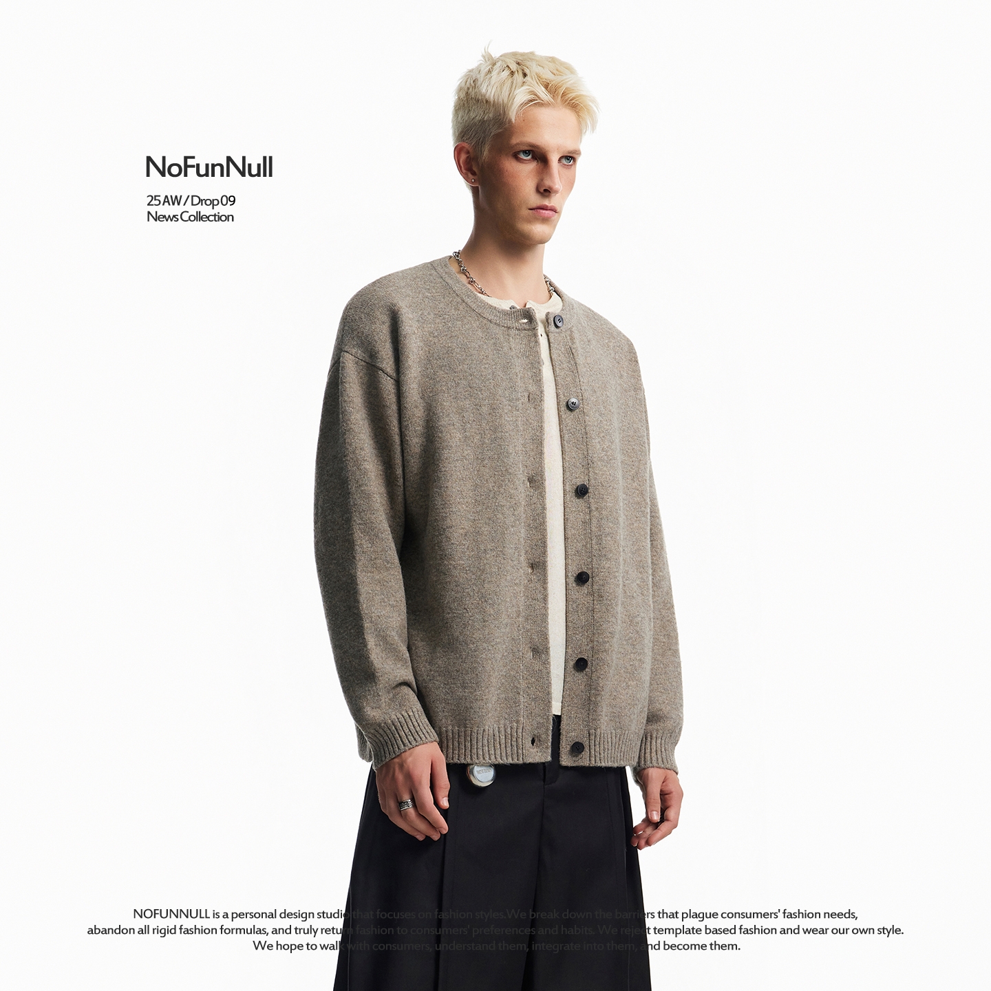 NOFUNNULL 绵羊毛混纺圆领开衫秋冬毛衣软糯保暖宽松老钱上衣外套