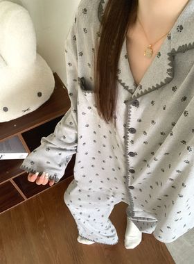 韩版灰色小猫爪秋冬款保暖德绒女款睡衣可外穿卡通薄绒家居服套装