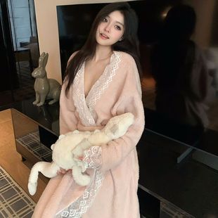 轻奢小香风珊瑚绒睡袍女秋冬款性感蕾丝双面绒系带浴袍可外穿睡衣