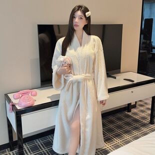 秋冬季双面雪粒绒长款睡袍女新年红结婚本命年甜美简约浴袍家居服