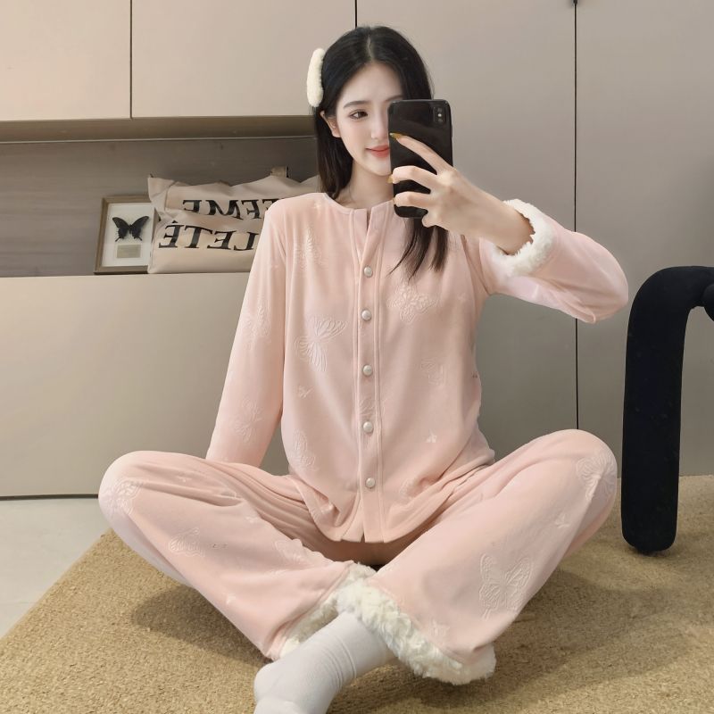 秋冬海岛绒甜美开衫女睡衣套装