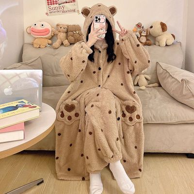 秋冬加厚法兰绒波点睡袍套装女