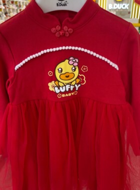 B.Duck中式风红色长袖连衣裙女童立领卡通小鸭网纱拼接长裙