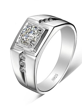 925纯银镀18K白金 霸气个性男人老板戒指 活口仿真钻戒简约大男戒