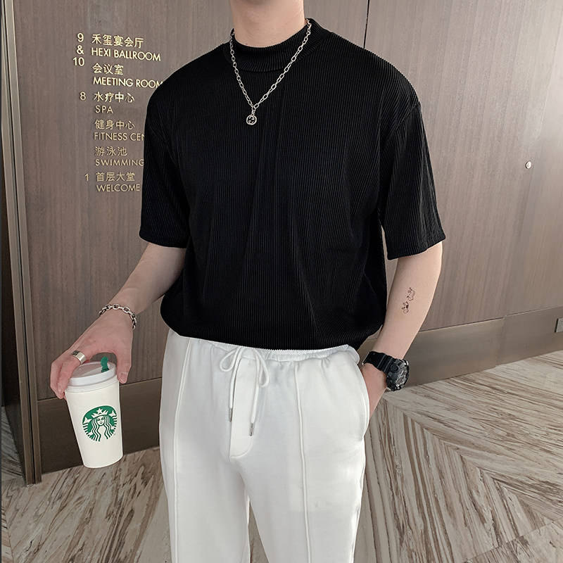 夏季新品韩版半高领褶皱高弹修身短袖针织衫男立领T恤潮T,男装T恤,电商B267